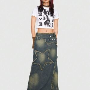 Romwe Star Distressed Denim Maxi Skirt Size M (6) Y2K 90s Boho Bohemian